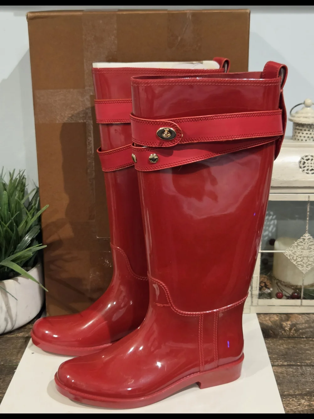 Coach Talia True Red Rain Boots with Gold Hardware